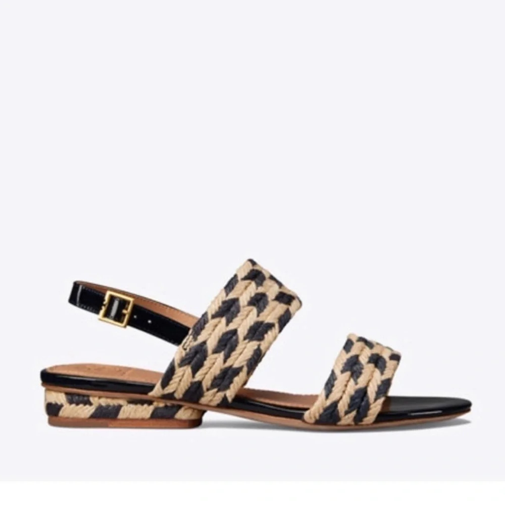 Tory Burch Lola Woven Flat Sandals Blue Patent Leather Boho Heeled Resort 7
